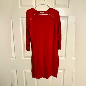 Calvin Klein Long Sleeve Red Dress with Zipper Accents
